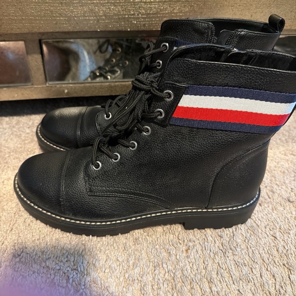 Tommy Hilfiger Black Lace-Up Combat Boots with Red-White-Blue Stripe